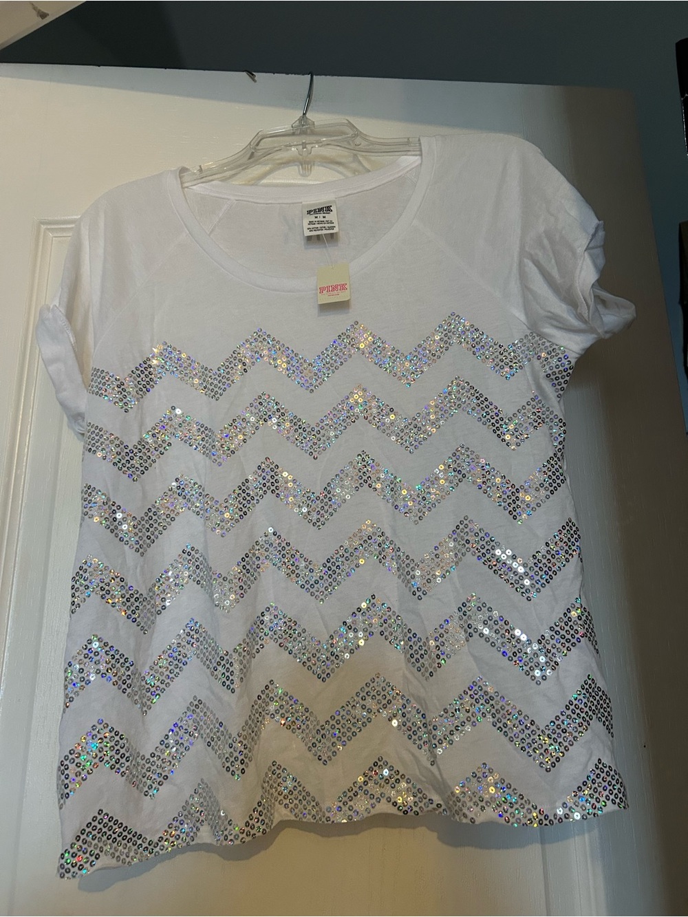 PINK Victoria's Secret White Chevron Sequin Tee Medium New